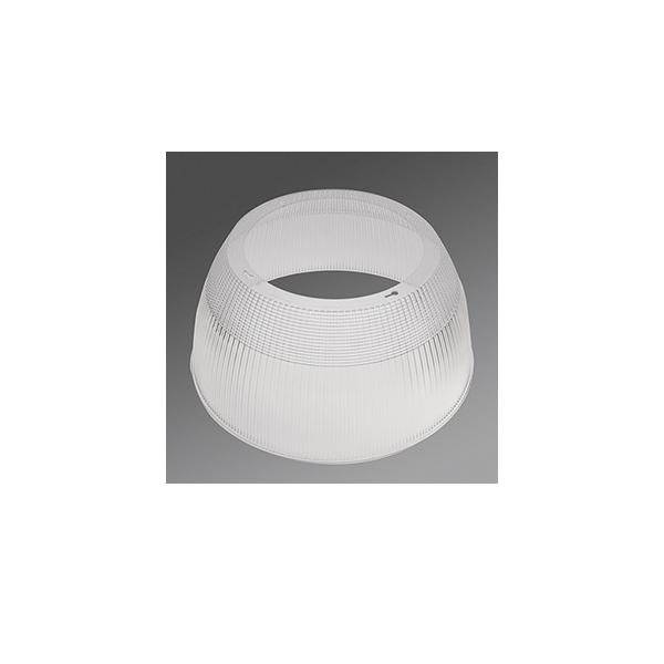 Klare, geriffelte Lampenschirm, kreisförmig mit breiter Basis und schmalerer Oberseite, vor einem neutralen Hintergrund.