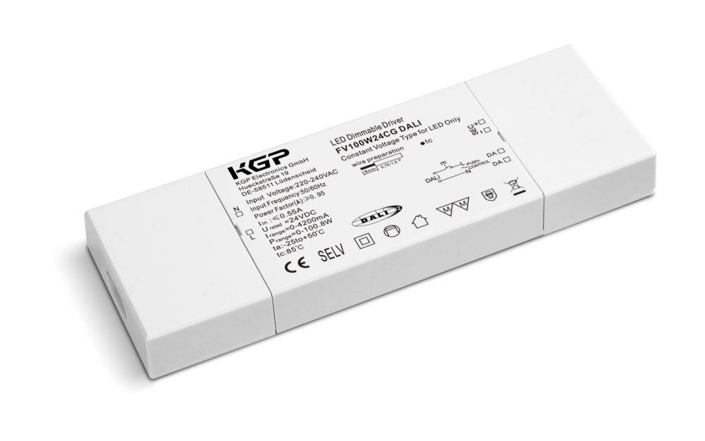 KGP LED dimmbarer Treiber, Modell FY10W24-CG DALI, 100-240V Eingangsspannung, 24V Ausgangsspannung, ausschließlich für LED-Anwendung. Umfasst verschiedene Zertifizierungen.