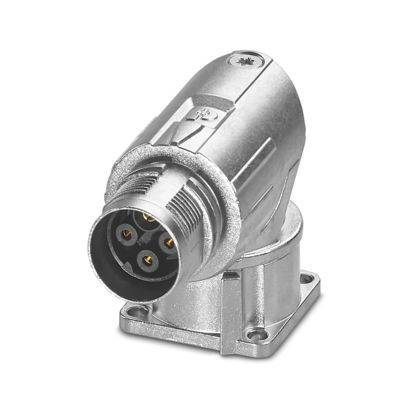 Ein metallischer rechtwinkliger Elektrostecker mit mehreren Stiften und einer Basis, der für sichere Verbindungen in der Elektronik verwendet wird.