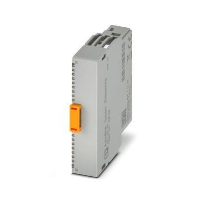 Ein graues elektronisches Modul mit mehreren Verbindungspunkten und einem orangefarbenen Freigabehebel, das in industriellen Automatisierungsanwendungen verwendet wird.
