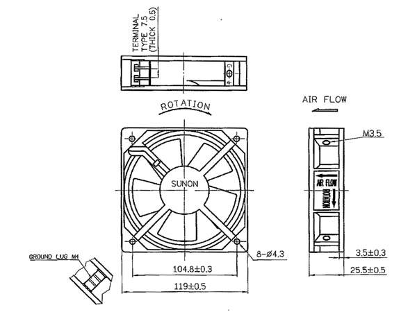 „Diagramm zeigt die Abmessungen eines quadratischen Lüfters mit Beschriftungen und Pfeilen, die Rotationsrichtung und Luftstromrichtungen anzeigen. Abmessungen 119x119 mm.