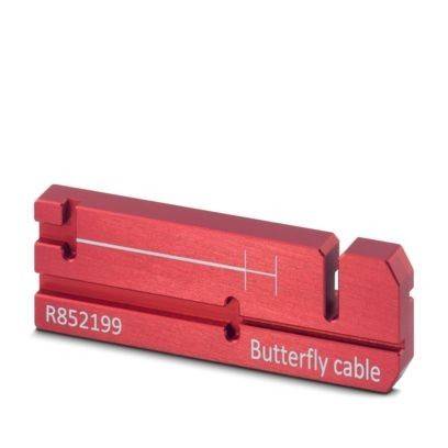 Roter Kabelhalter mit der Bezeichnung 'R852199 Butterfly Kabel', entwickelt zur Kabelorganisation, mit gerillten Schlitzen zur sicheren Befestigung von Kabeln.