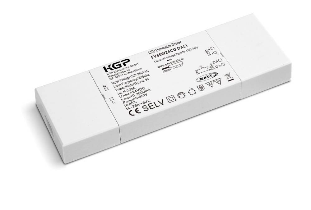 Rechteckiger LED dimmbarer Treiber für 60W, 24VDC mit mehreren Zertifizierungen und Sicherheitssymbolen. Marke: KGP, Modell: FV60W24VDC-DALI.