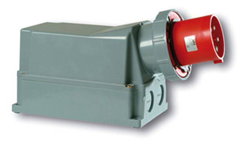 Eine graue industrielle Sirene mit einem nach vorne gerichteten roten Lautsprecher, montiert auf einem Sockel, die für Notfallwarnungen oder Signalgebung in industriellen Umgebungen verwendet wird.