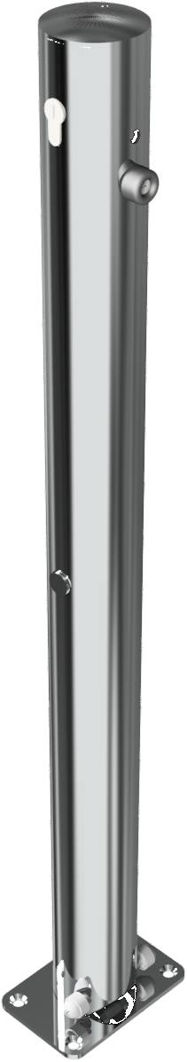 Schake 4072UZ Edelstahlpfosten Ø 76 mm ohne Ziernut umlegbar, selbsteinrastende Verriegelung<br><br>für Dübelbefestigung, mit Bodenplatte 100 x 150