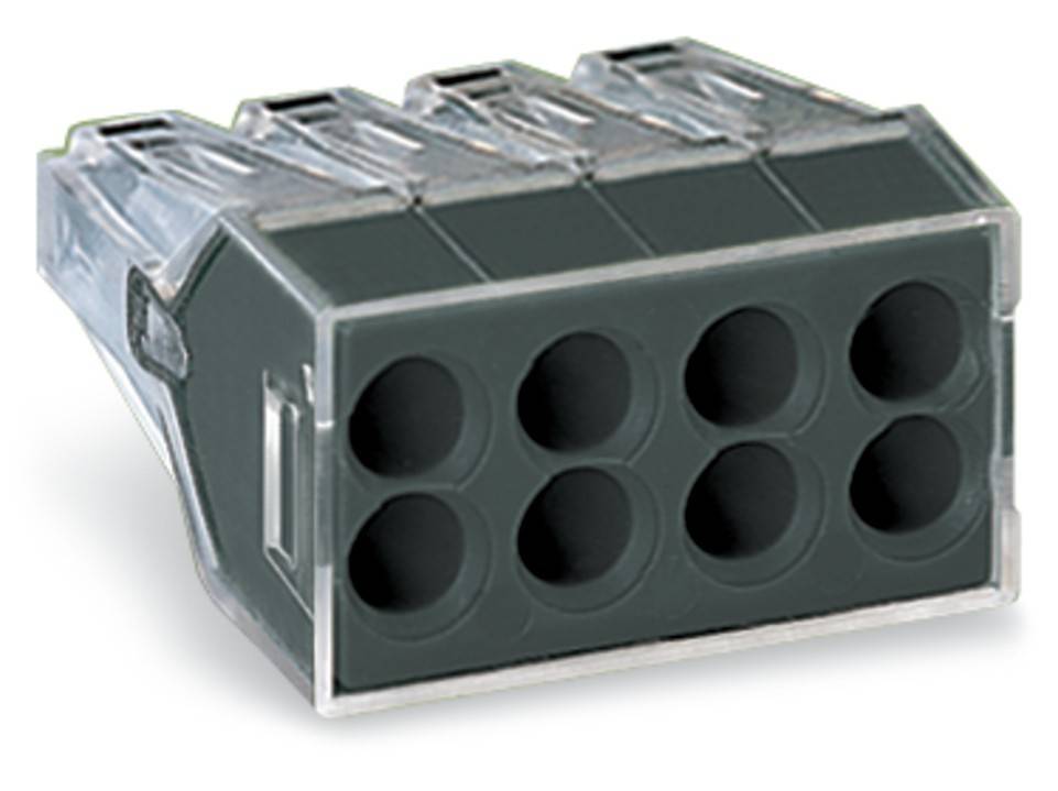 Ein schwarzer rechteckiger Elektroverbinder mit sechs Löchern und glänzenden Komponenten, entwickelt zum Anschluss mehrerer Kabel, auf weißem Hintergrund dargestellt.