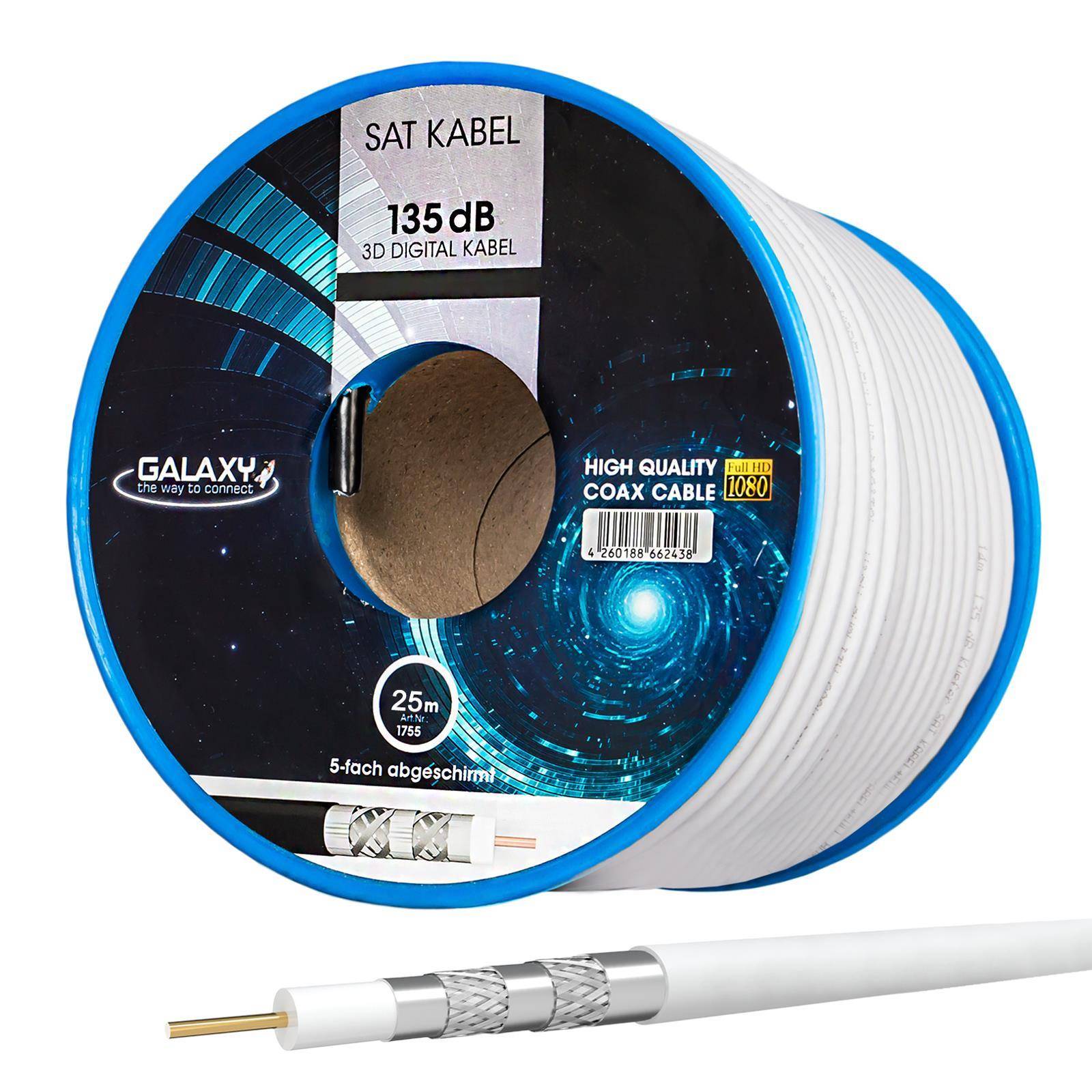 hb-digital 25m Koaxialkabel Galaxy 135dB 5-Fach geschirmt Stahl Kupfer weiß