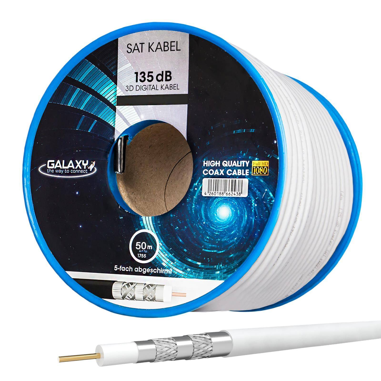 hb-digital 50m Koaxialkabel Galaxy mit Außen Durchmesser 7mm 135dB 5-Fach geschirmt Stahl Kupfer weiß