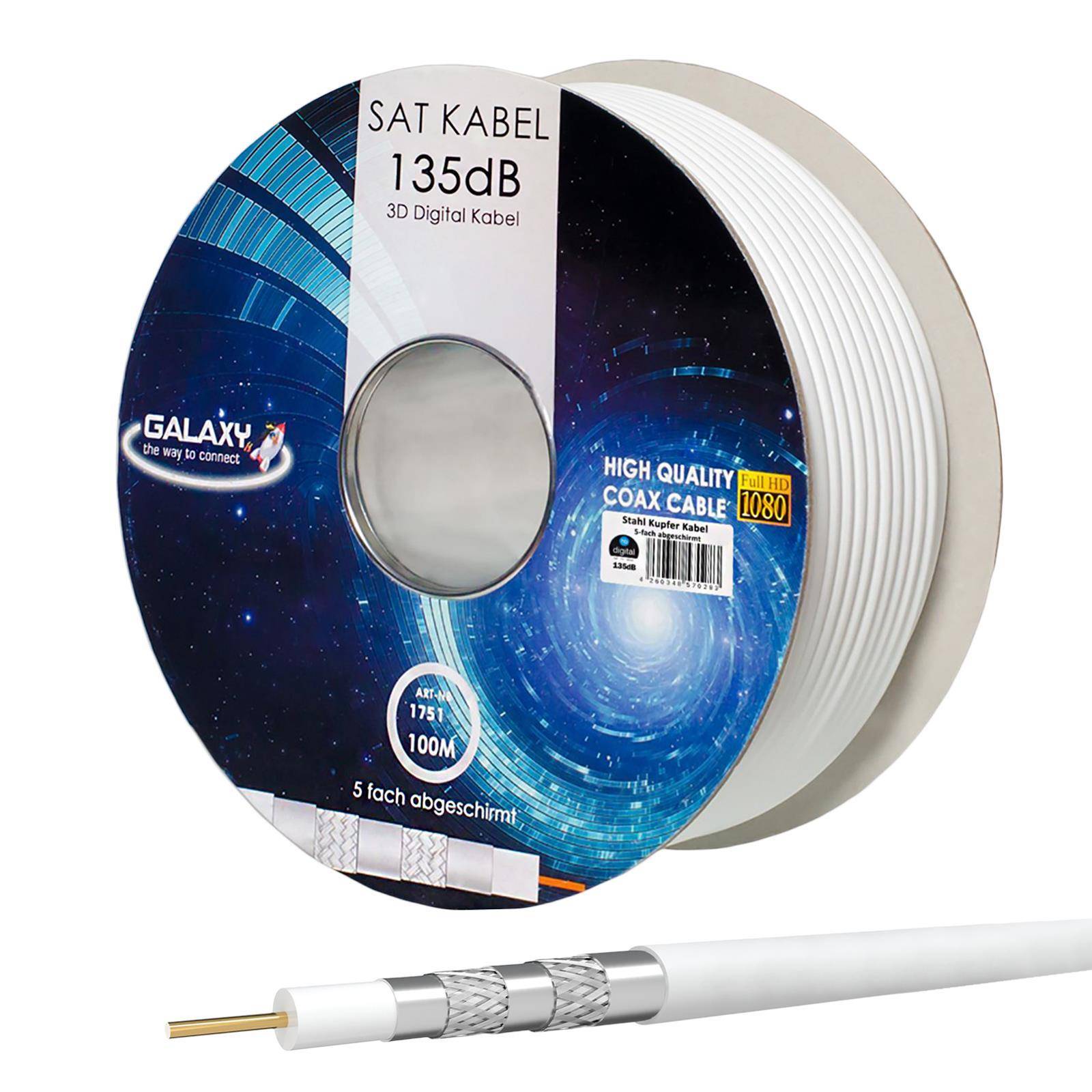 hb-digital 100m Koaxialkabel Galaxy mit Außen Durchmesser 7mm 135dB 5-Fach geschirmt Stahl Kupfer weiß