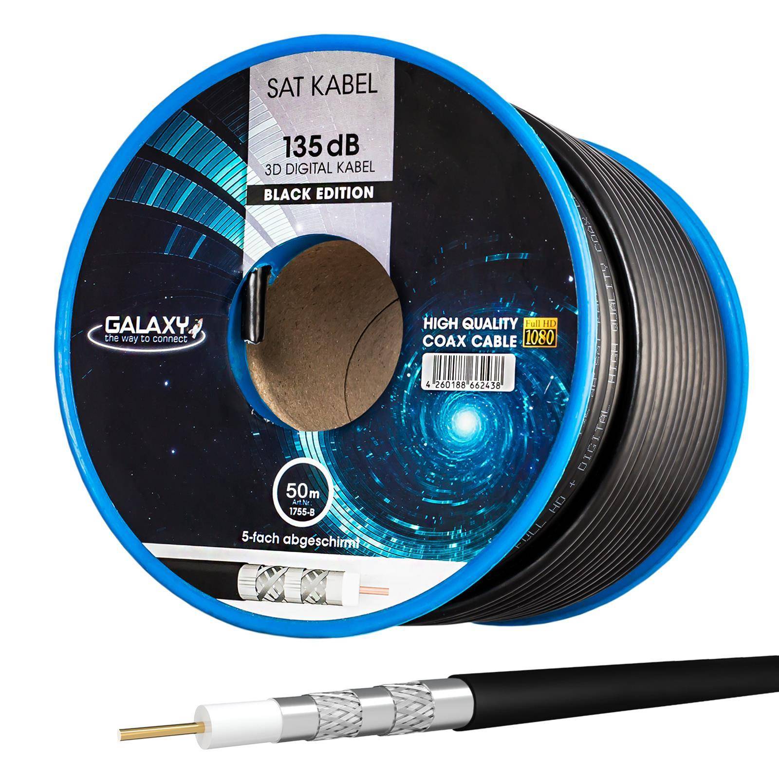 hb-digital 50m Koaxialkabel Galaxy 135dB 5-Fach geschirmt Stahl Kupfer schwarz