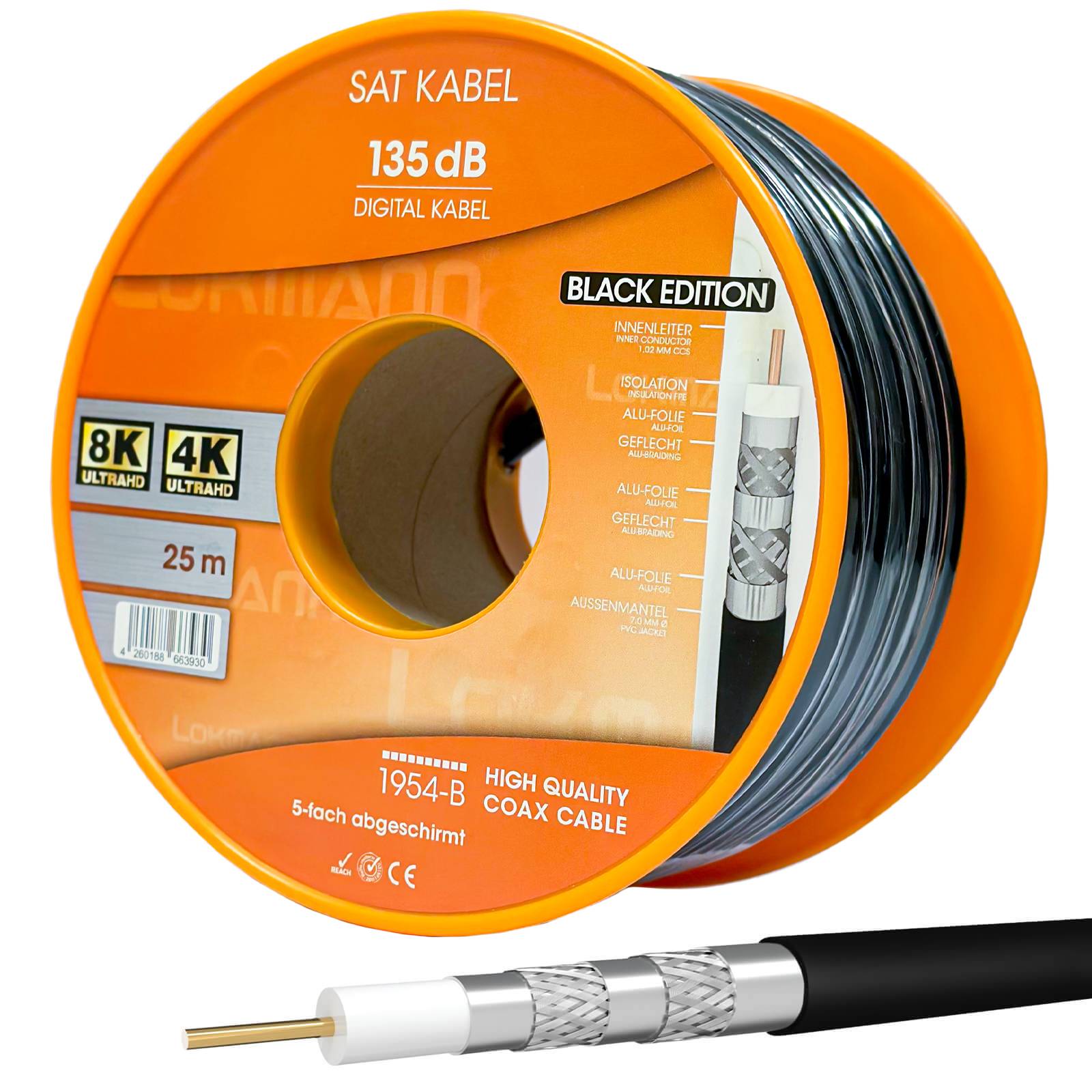 hb-digital 25m Koaxialkabel Galaxy 135dB 5-Fach geschirmt Stahl Kupfer schwarz
