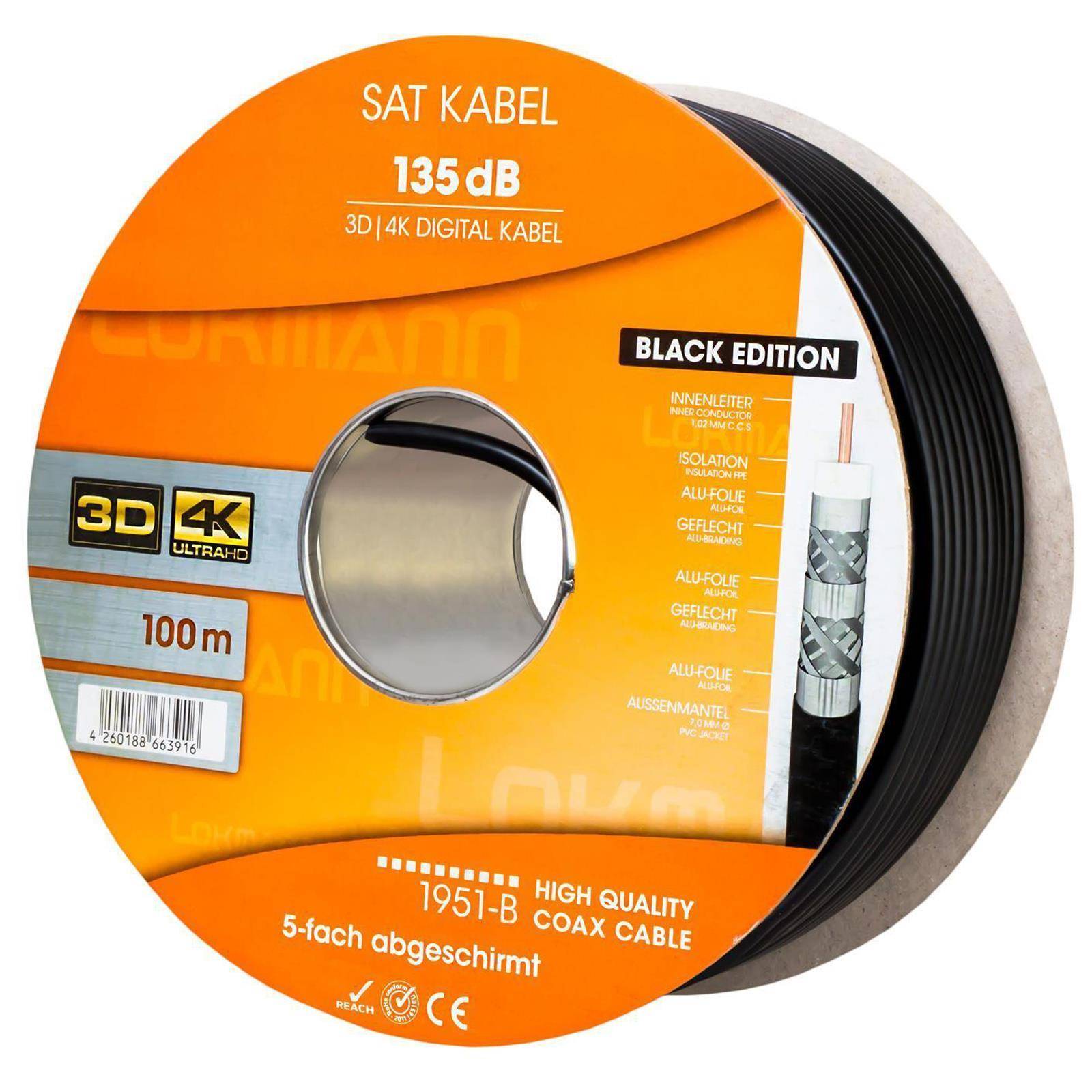 hb-digital 100m Koaxialkabel Galaxy mit Außen Durchmesser 7mm 135dB 5-Fach geschirmt Stahl Kupfer schwarz