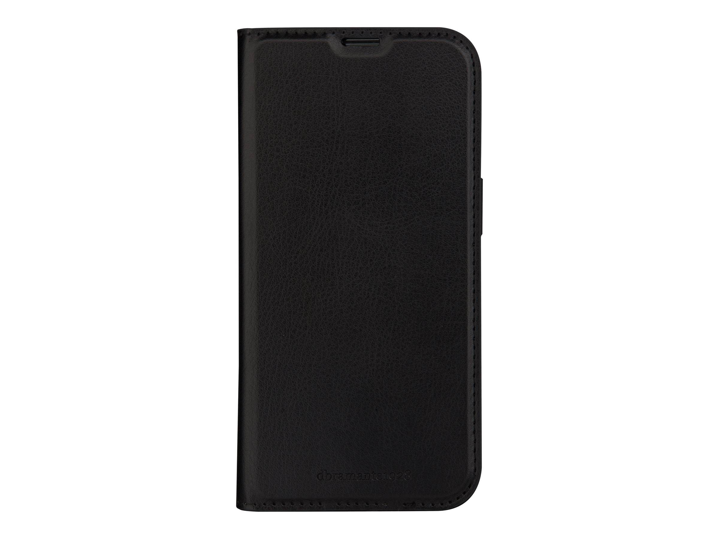 Eine schwarze Lederhülle für das Handy mit strukturierter Oberfläche, ausgestattet mit einer vorderen Klappe und präzisen Aussparungen für Anschlüsse und Kamera.