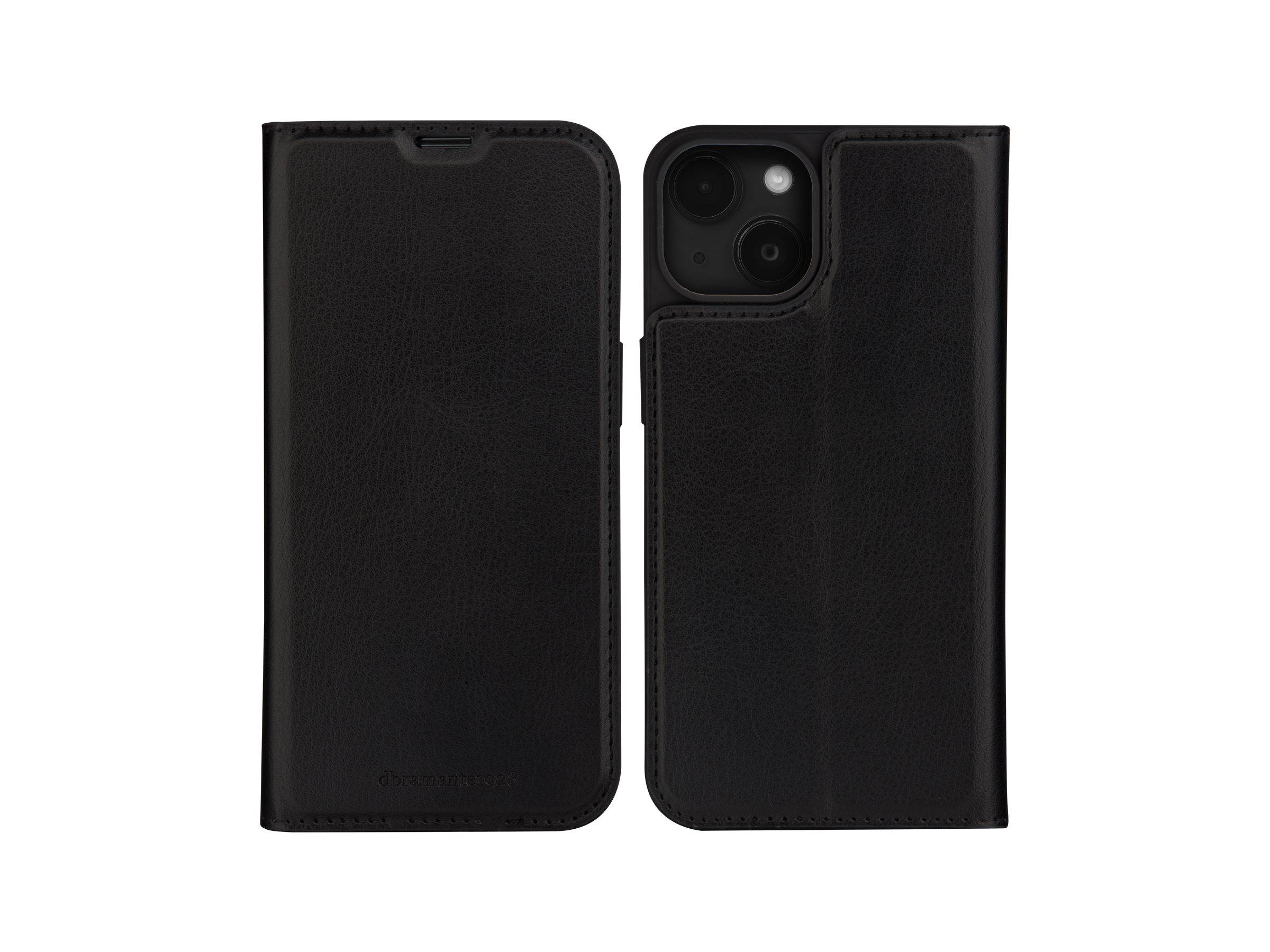 Ein schwarzes Leder-Handyetui, das geöffnet und geschlossen gezeigt wird, mit Kameraausschnitt und strukturierter Oberfläche.