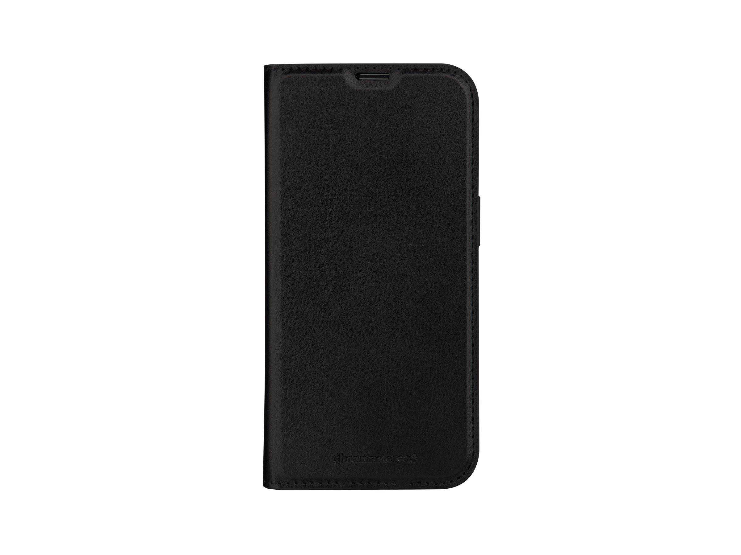 Eine schwarze Smartphone-Brieftasche aus Leder, geschlossen, mit einer Vorderseite, die eine dezente Textur und ordentliche Nähte entlang der Kanten aufweist.