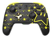 Ein schwarzer Gaming-Controller mit gelben Sternen dekoriert und einem großen Sterndesign.