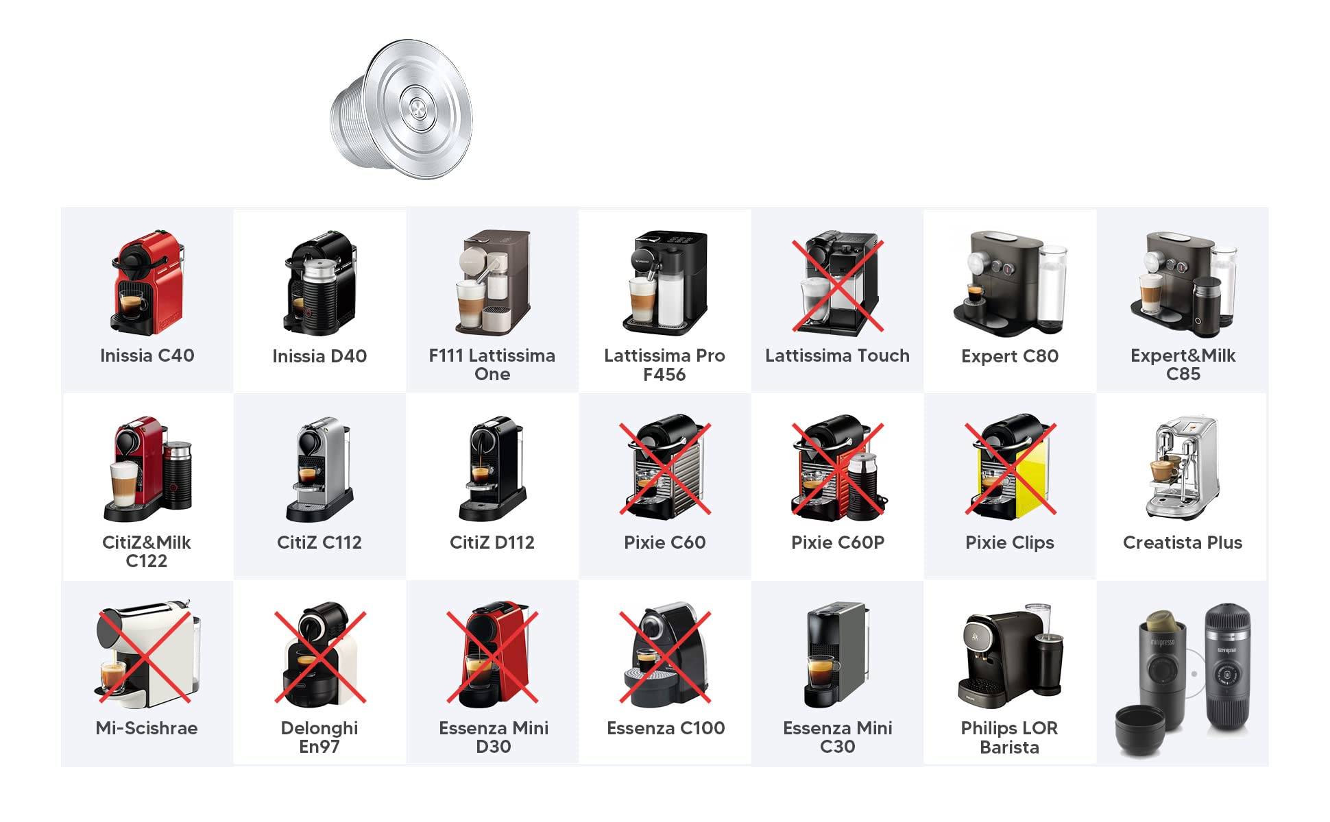 Zwei Dreiklang wiederverwendbare, nachfüllbare kompatible Mehrweg Kaffeekapseln mit Tamper aus Edelstahl für Nespresso Maschinen zum Nachfüllen Nac