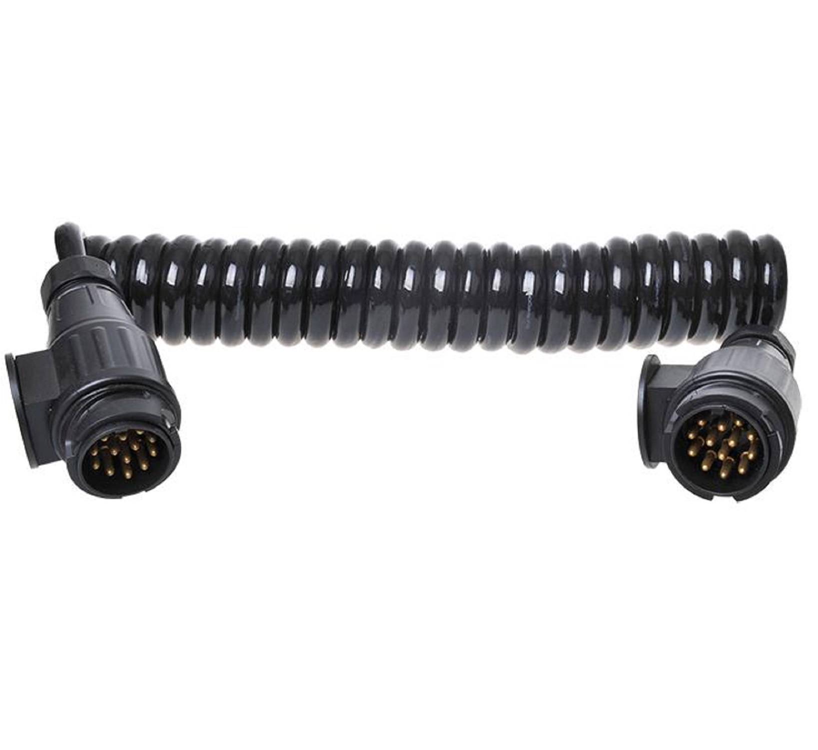 Ein aufgerolltes schwarzes Verbindungskabel mit mehrstiftigen Steckern an jedem Ende, typischerweise zum Verbinden von Anhängern mit Zugfahrzeugen verwendet.