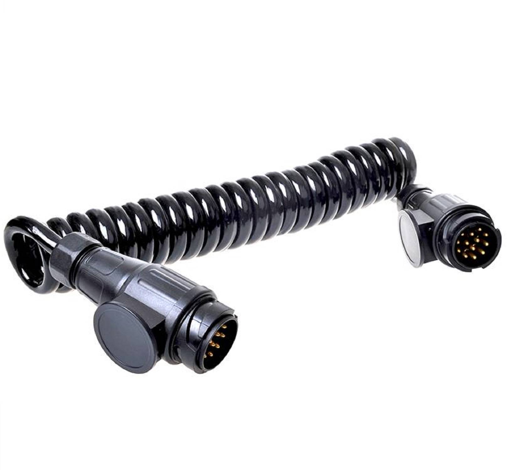 Aufgerolltes schwarzes Elektrokabel mit mehrpoligen Steckverbindern an beiden Enden, entwickelt zum Verbinden spezialisierter elektronischer Geräte.