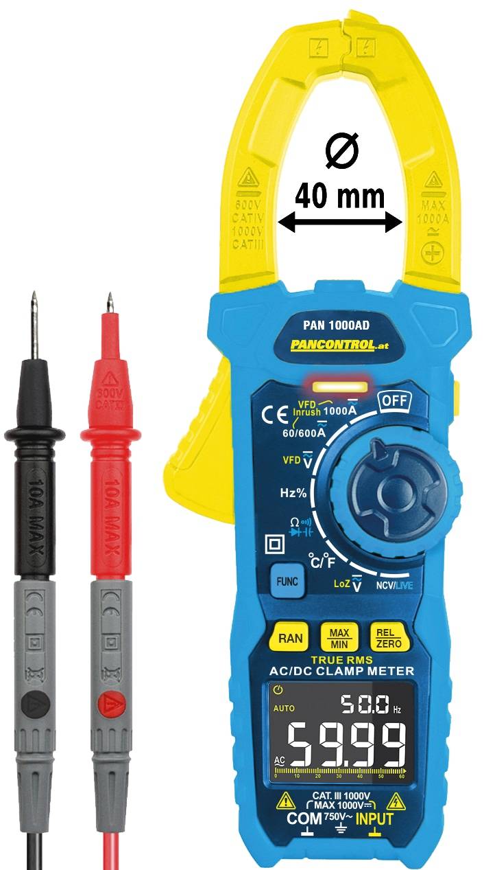 Multimeter mit Messleitungen und Messskala; misst Wechsel-/Gleichstrom, Spannung und Frequenz. Mit gelben, roten und schwarzen Farben ausgestattet.