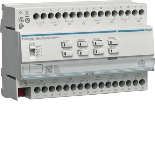 KNX-Aktor TYM616D, 16A 230V AC, mit sechs Kanälen, Steuerungstasten und LED-Display, verwendet für intelligente Gebäudeautomatisierung.