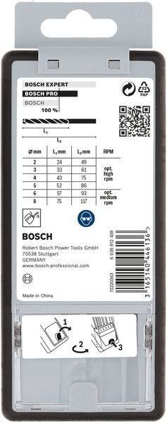 Bosch-Bohrführungstabelle mit Bohrergrößen (2-8 mm) und entsprechenden Umdrehungszahlen. Sicherheitshelm-Icon und Barcode enthalten.