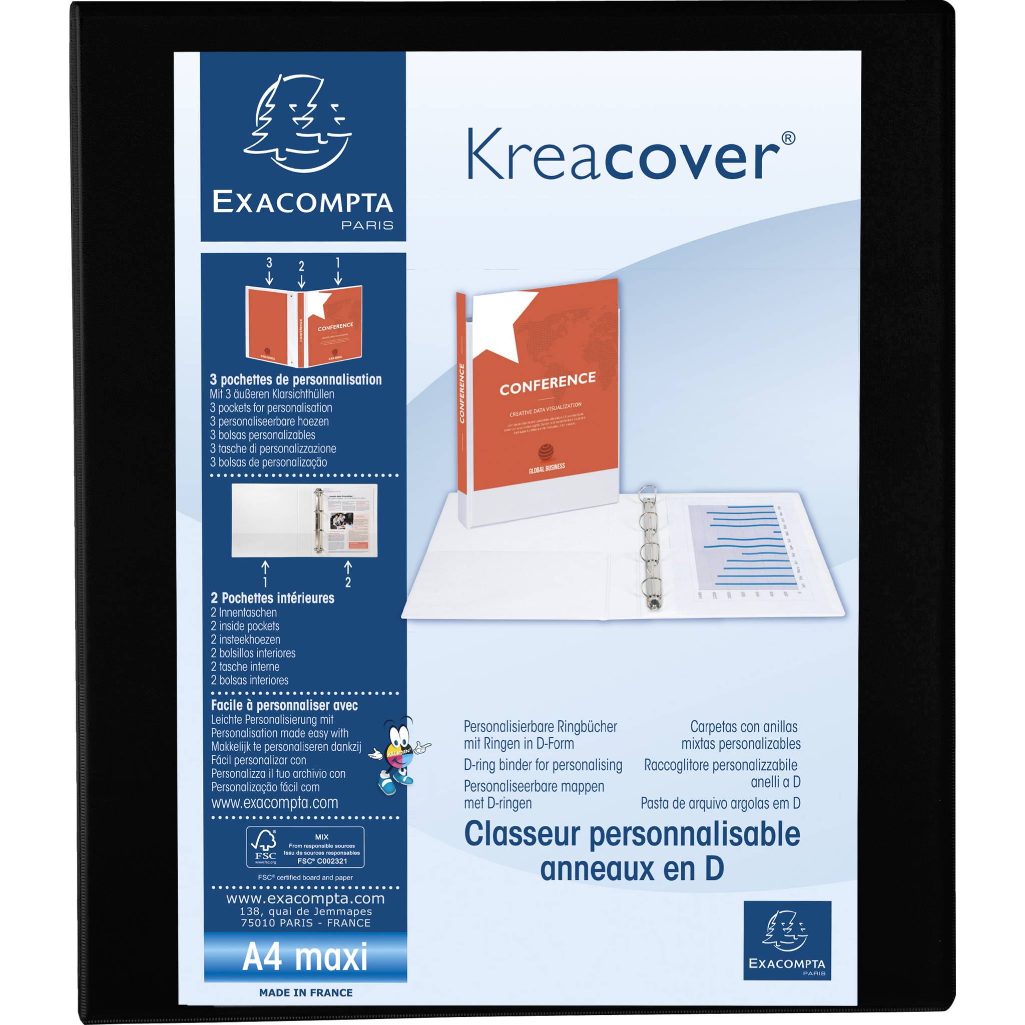 Exacompta 10x Ringbuch PP 4Ring 30mm D Rücken 47mm A4 Maxi Schwarz 51842NE