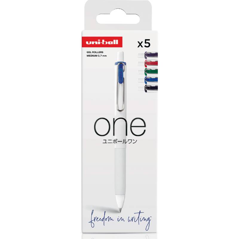 Packung mit Uni-ball One Gel-Rollerpens, auf der Vorderseite ein weißer Stift und ein Set mit 5 Farben abgebildet sind.