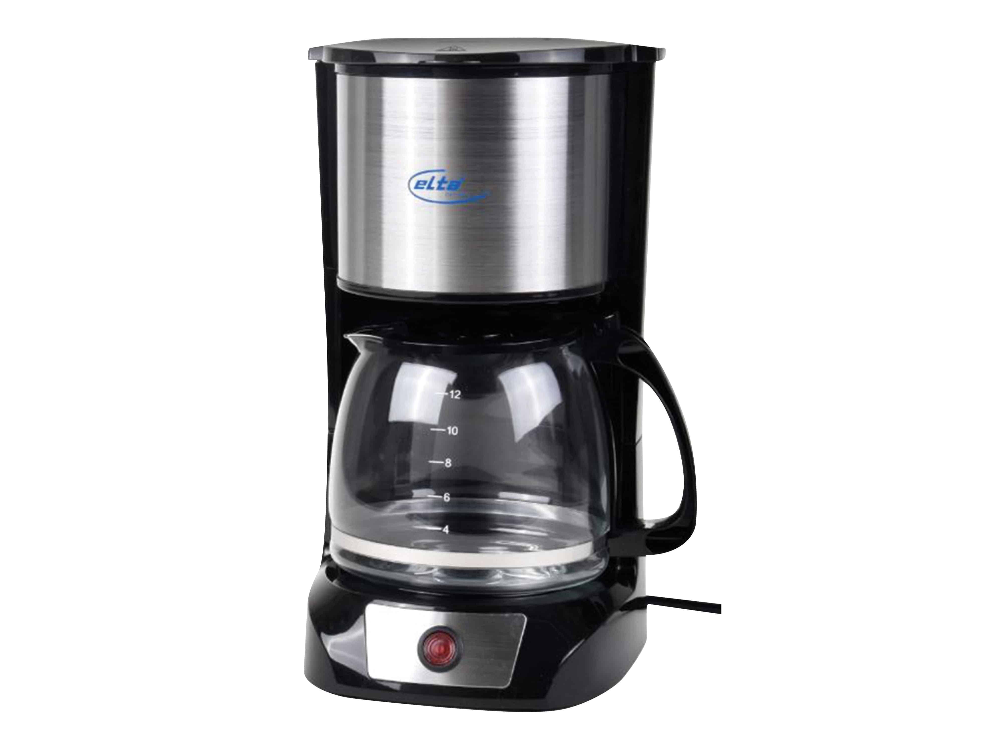 Ein schwarz-silberner Kaffeemaschine aus Edelstahl mit einer Glaskanne, Wasserfüllstand-Markierungen und einem Einschaltknopf an der Basis.