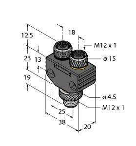Eine technische Zeichnung eines industriellen Dreiwege-Anschlusses, mit Abmessungen: 18x25x38 mm, mit M12 x 1 Gewindeanschlüssen und 15 mm Durchmesser.