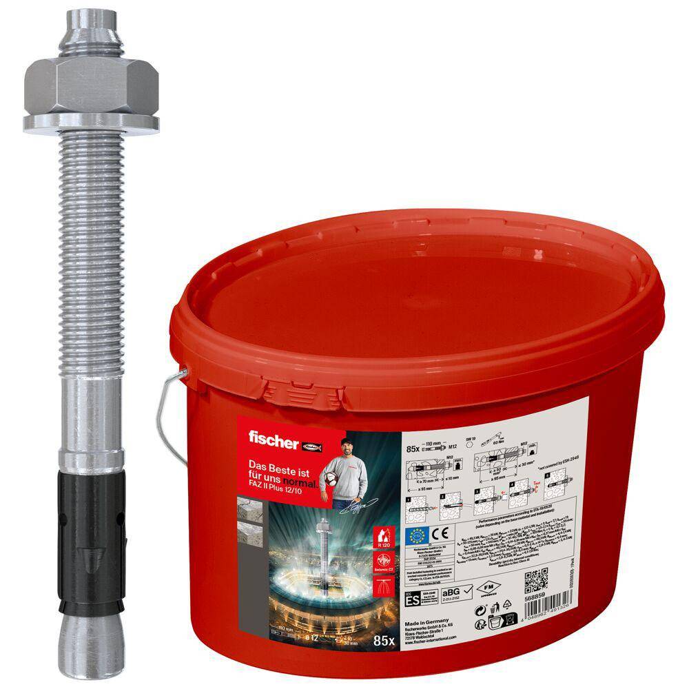 Roter Kunststoffeimer mit der Beschriftung Fischer-Ankersystem neben einem Metall-Gewindeanker-Bolzen mit Expansionsfunktion.