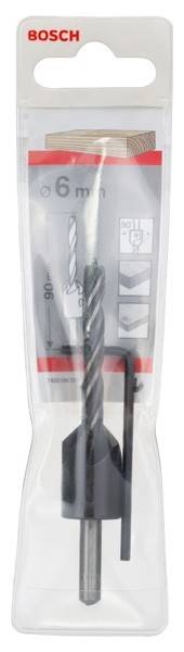 Eine Verpackung mit einem 90-mm-Bohrer und einem Inbusschlüssel, mit Illustrationen, die kompatible Bohrmaterialien wie Beton und Holz zeigen.
