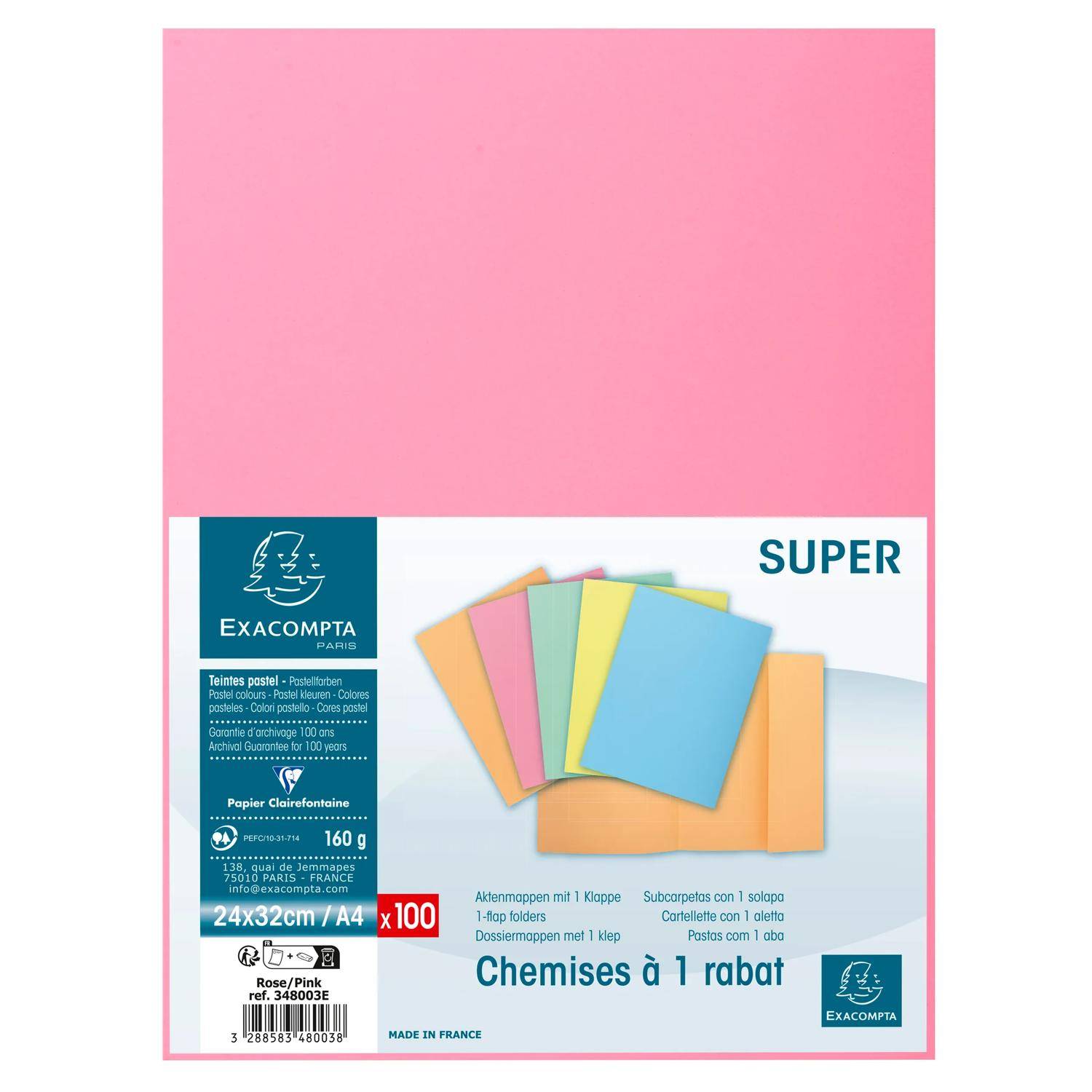 Exacompta 5x 100er Pack Aktenmappe 1 Klappe SUPER 160 24x32cm - Rosa - 348003E