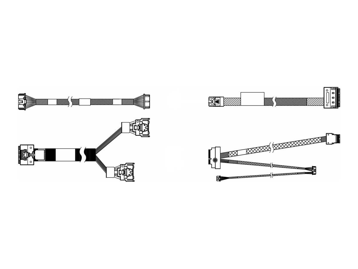 Illustration von vier verschiedenen Kabelsträngen und Steckverbindern, die gerade, Y-förmige und verzweigte Kabelkonfigurationen zeigen.
