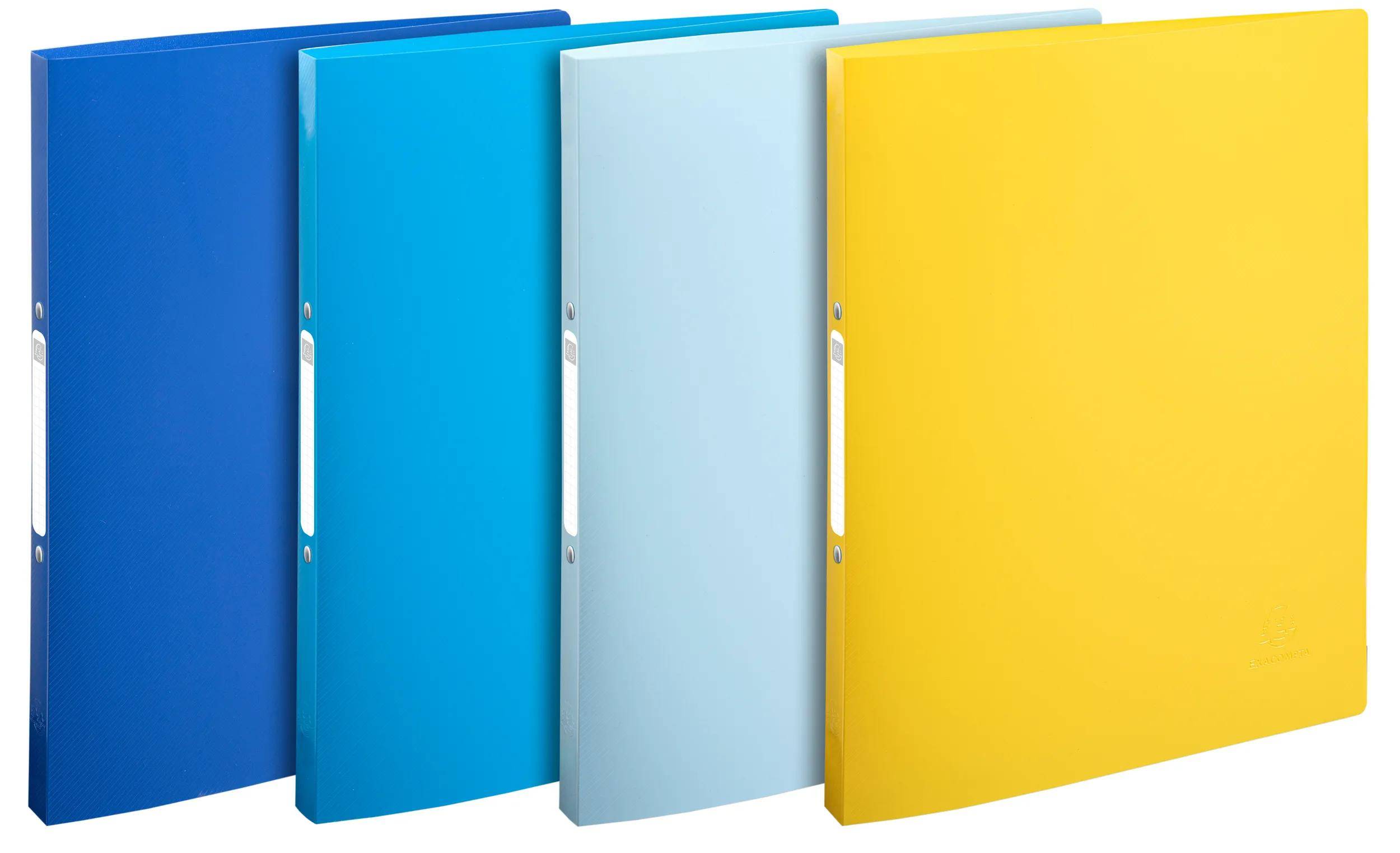 Drei Ordner stehen aufrecht; einer blau, einer hellblau und einer gelb. Jeder Ordner hat eine weiße Etikettenfläche auf dem Rücken.