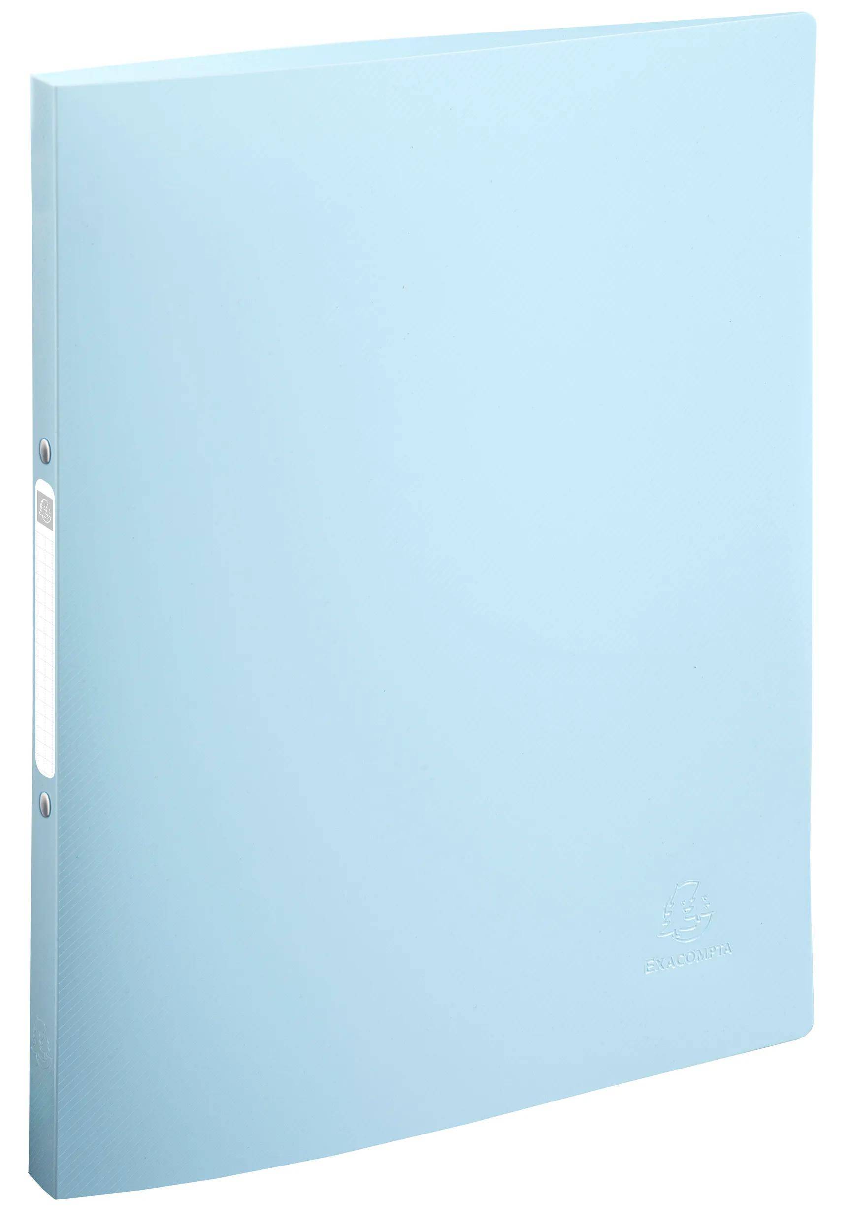 Eine hellblaue Ordnermappe, die aufrecht steht und ihre seitliche Bindung sowie ein kleines weißes Etikett zeigt.