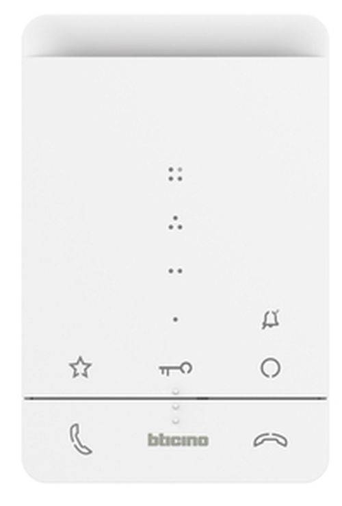 Ein minimalistisches weißes Kontrollpanel mit Symbolen: einem Stern, einem Schlüssel, einem Kreis und einer Glocke, vertikal angeordnet, möglicherweise verschiedene Funktionen darstellend.