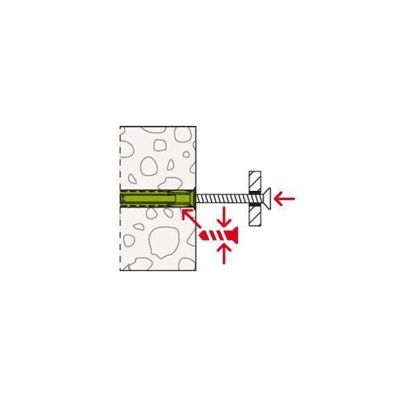 Diagramm eines Wandankers/Bolzens, der in Mauerwerk installiert ist, mit roten Pfeilen, die das Anziehen der Schraube und das Einziehen des Ankers an seinen Platz zeigen.