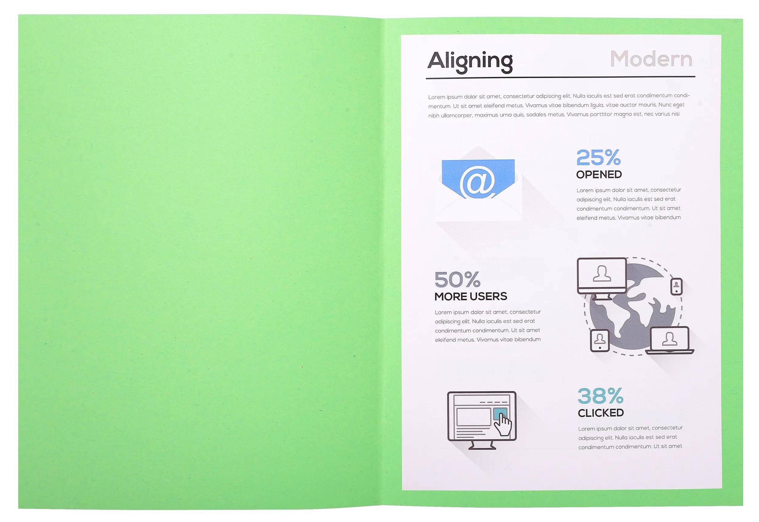 Eine Seite aus einem Bericht mit Statistiken zur Benutzerengagement: 25% öffneten, 50% mehr Benutzer, 38% klickten.