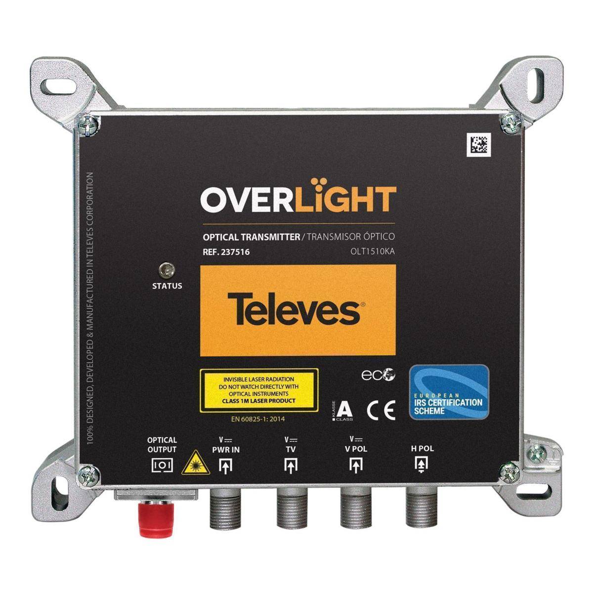 Überlichtsender für optische Übertragung von Televes, Modell OLT1510KA. Verfügt über Statussignalgeber, Warnhinweise und Anschlussports.