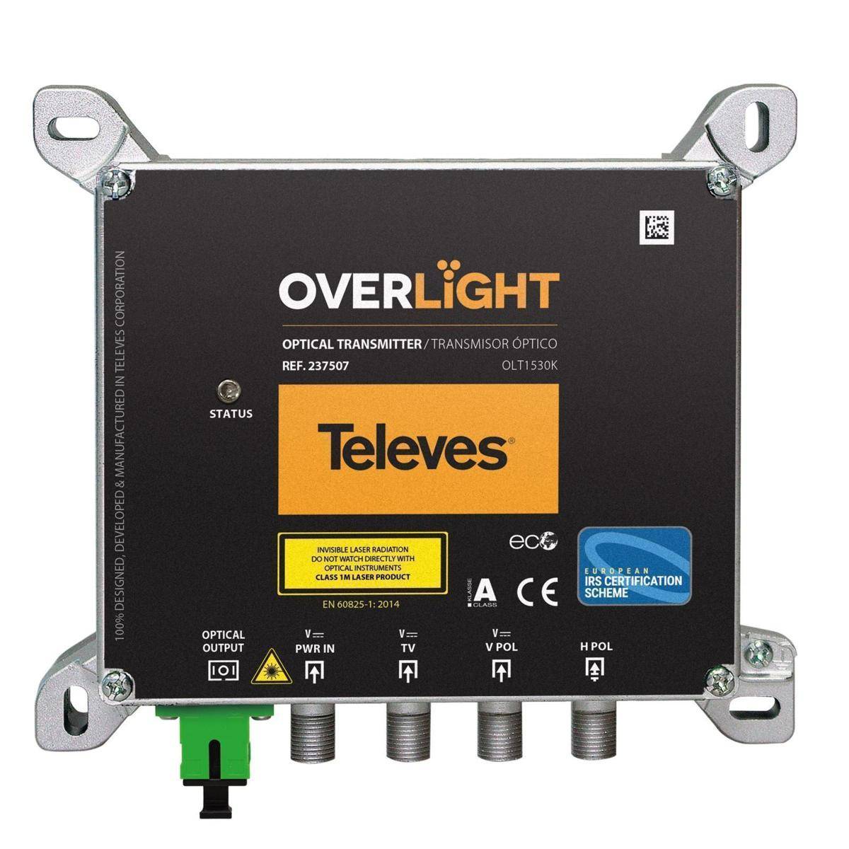 Overlight Optischer Sender Televes', schwarze Box mit Anschlüssen und Statusanzeige, beschriftete Eingänge: Strom, TV, RF, HPOL.