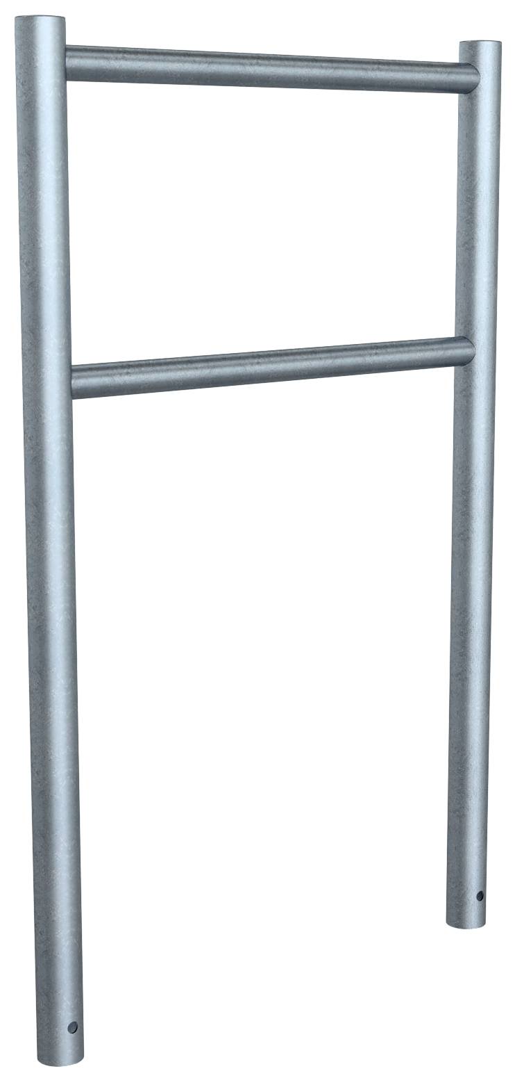 Eine Nahaufnahme einer Metallleiter vor schwarzem Hintergrund, die zwei Sprossen und einen Teil der Seitenschienen zeigt.