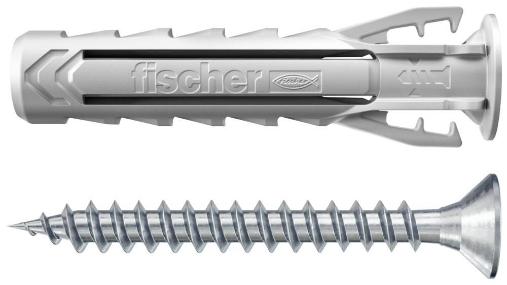 Illustration zweier silberner Wanddübel: ein Kunststoff-Spreizdübel oben und ein langer Metallschraubendübel unten.