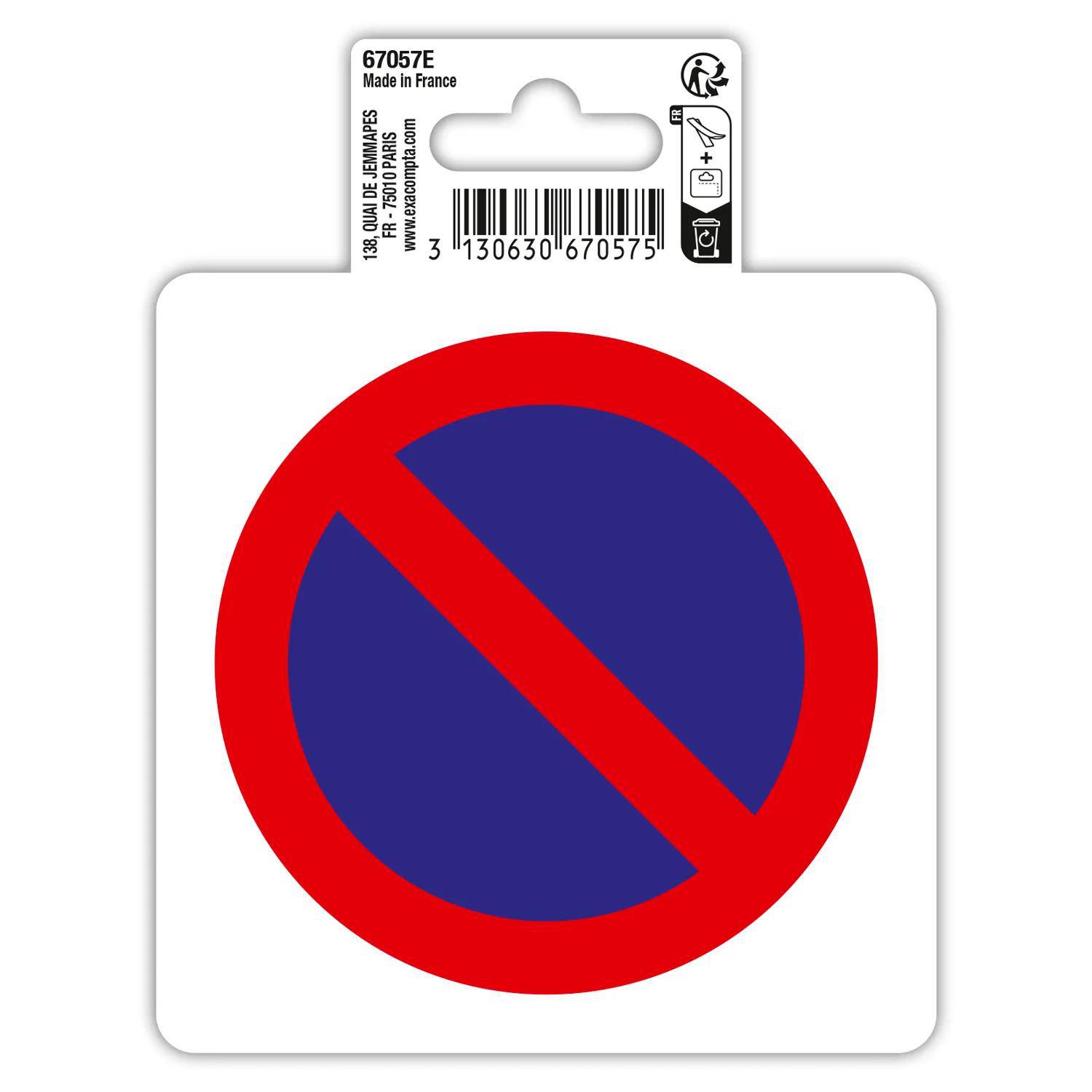 Parkverbotsschild mit rotem Kreis und diagonalem Schrägstrich auf blauem Hintergrund, abgebildet auf einem hängenden Produktetikett der Verpackung.