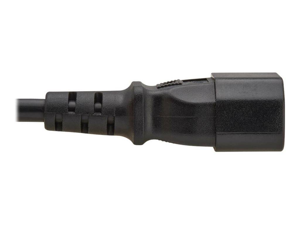 Eine Nahaufnahme des Endes eines schwarzen Stromsteckers mit detaillierter Darstellung des Steckers und der Oberflächenstruktur vor weißem Hintergrund.