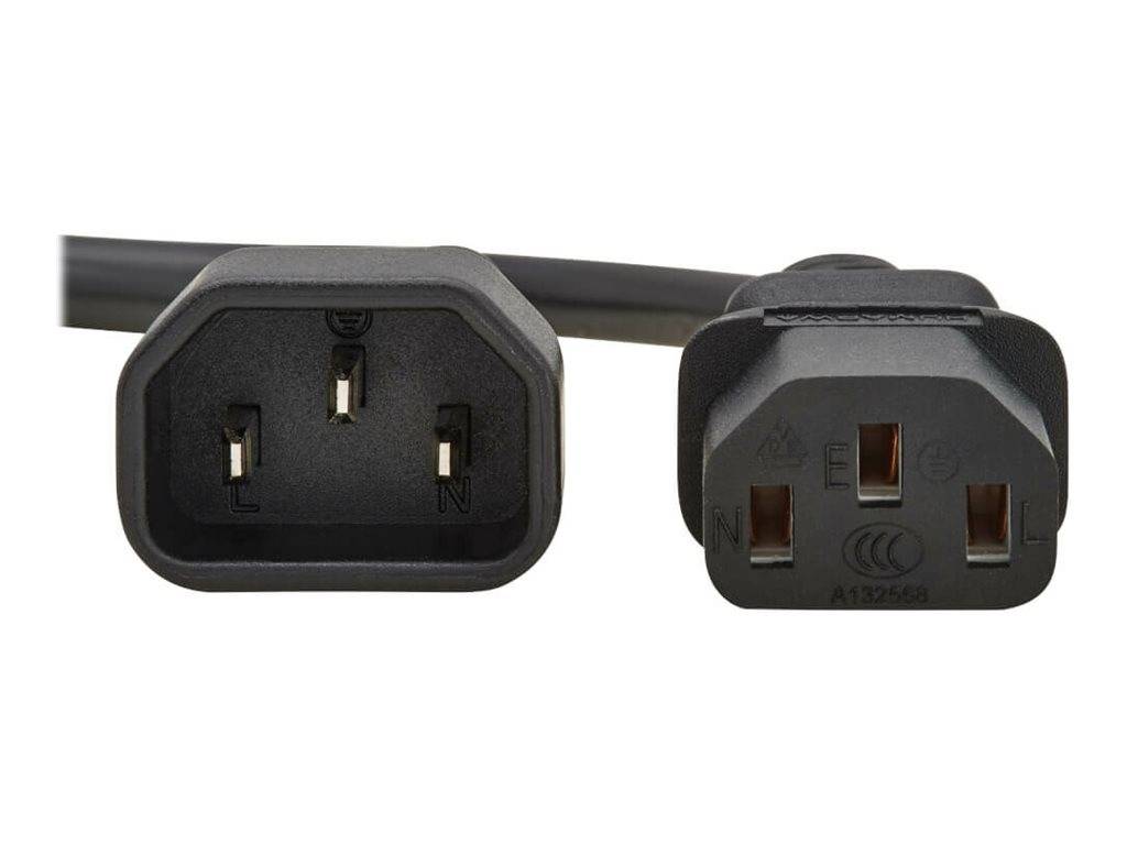 Eine Nahaufnahme eines schwarzen Stromkabels mit zwei kompatiblen Steckern, gekennzeichnet mit „L