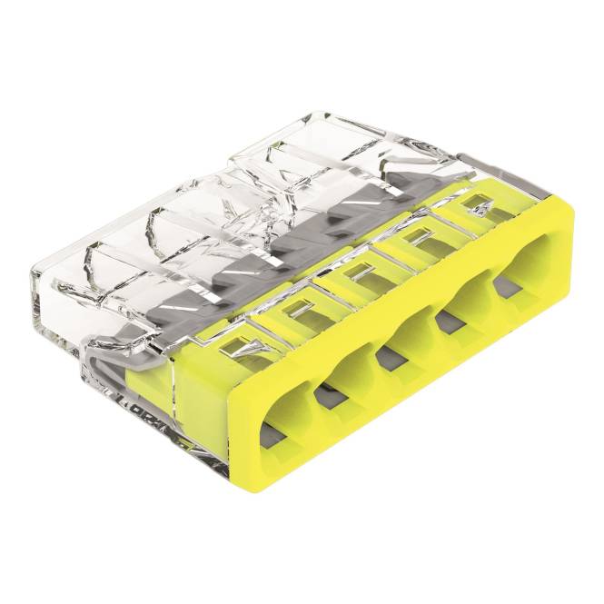 Ein transparenter, rechteckiger Steckklemmen-Verbinder mit gelbem Sockel, mit fünf Anschlussanschlüssen für Stromleitungen.