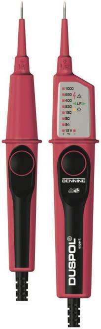 Ein rot-schwarzer Spannungsprüfer mit digitalem Display, das „12 V