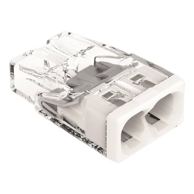 Transparenter Steckverbinder für elektrische Drähte mit zwei Schlitzen zur Kabeleinführung, konzipiert für sichere und effiziente elektrische Verbindungen.