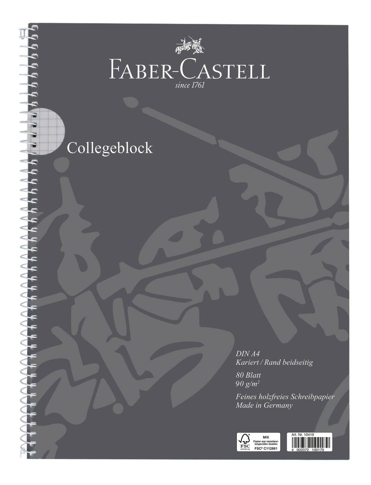 Faber-Castell Collegeblock Spiralblock Notizbuch Umschlag, dunkelgrau mit abstrakten grauen Grafiken und Produktdetails in weißer Schrift.